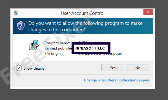 Screenshot where NINJASOFT LLC appears as the verified publisher in the UAC dialog